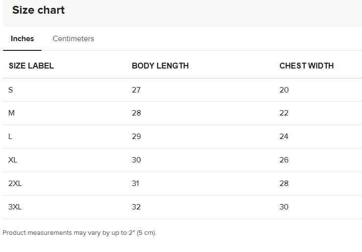 Size chart for clothing measurements in inches and centimeters